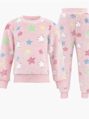 Lola + The Boys fuzzy soft Pink Star Fleece Kids Pajama Set